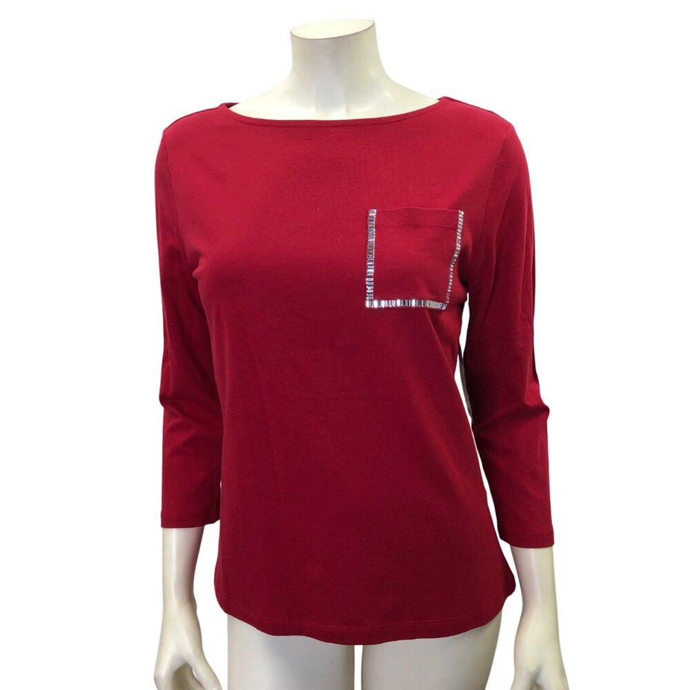 TOMMY‎ HILFIGER Red 3/4 Sleeve Womens Top W/ Rhinestone-Trimmed Pocket Md NWT
